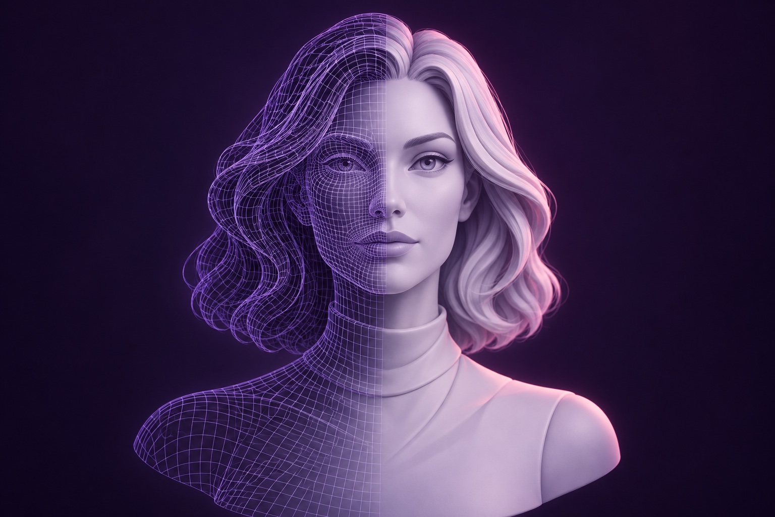 Stylised adult digital character transitioning from a wireframe mesh into a shaded 3D illustration